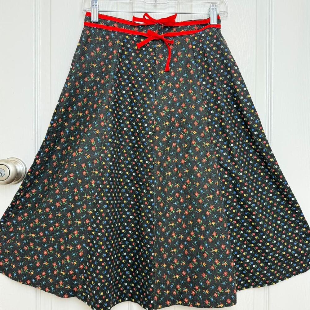 VTG 70s Black Floral Calico Mini Skirt Jones Petitte Cotton XS S Prairie Style
